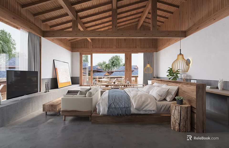Hotel Guest Room With Wooden Roof Large Windows Comfortable Bed Sofa And Modern Design 3d model 