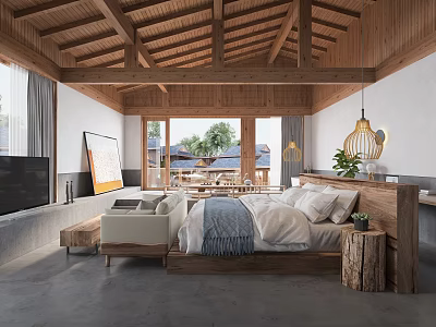 Hotel Guest Room With Wooden Roof Large Windows Comfortable Bed Sofa And Modern Design 3d model