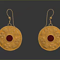 Elegant Golden Earrings With Round Design Red Gemstone And Decorative Patterns 3d model