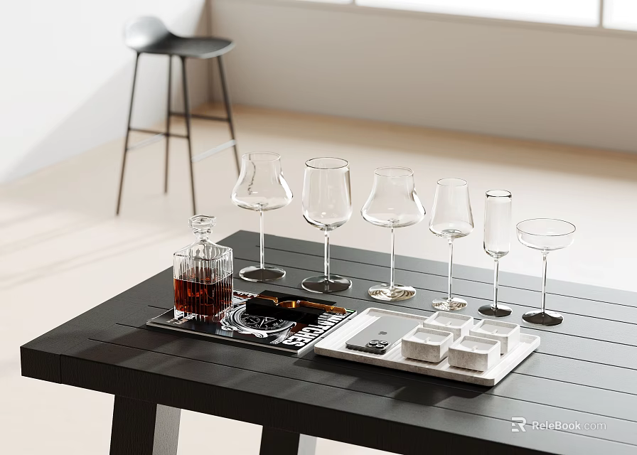 Wine Bottles And Various Glasses On Black Table In Modern Room 3d model 
