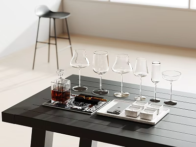 Wine Bottles And Various Glasses On Black Table In Modern Room 3d model