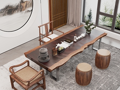 New Chinese Tea Table and Chair Background Wall Single Sofa 3d model