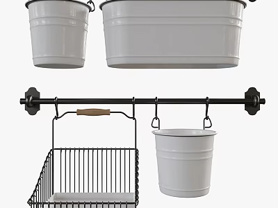 Functional Kitchen Storage With Hanging Rod Metal Basket And Buckets 3d model