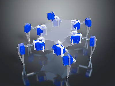 Blue And White Mechanical Components Arranged Radially With Shiny Reflective Surfaces 3d model