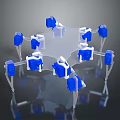 Blue And White Mechanical Components Arranged Radially With Shiny Reflective Surfaces