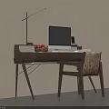 Modern Minimalist Home Office Desk With Computer Lamp Fruit Bowl And Comfortable Patterned Upholstered Chair