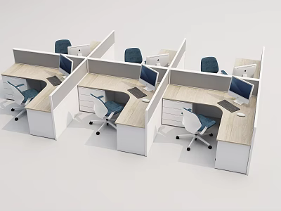 Modern Office Workstations With Cubicle Partitions Wooden Desktops Computers And Blue Chairs 3d model
