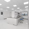 Modern Clean Laboratory Interior With White Lab Benches Blue Stools Windows Cabinets And Overhead Lighting