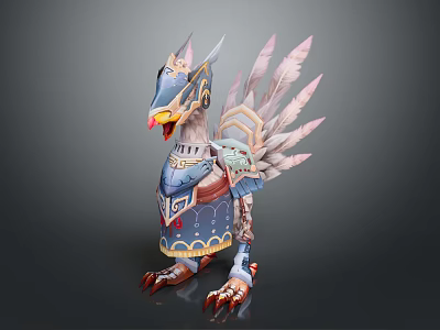 Mythical Bird Like Fantasy Game Character With Mechanical Armor And Colorful Feathers 3d model