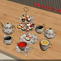 Decorative Floral Pattern Tea Set With Cups Saucers Dessert Stand On Wooden Table