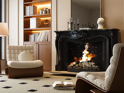 Black Ornate Fireplace with Burning Fire in Cozy Living Room with Bookshelves Armchairs and Decorations 3d model