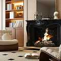 Black Ornate Fireplace with Burning Fire in Cozy Living Room with Bookshelves Armchairs and Decorations