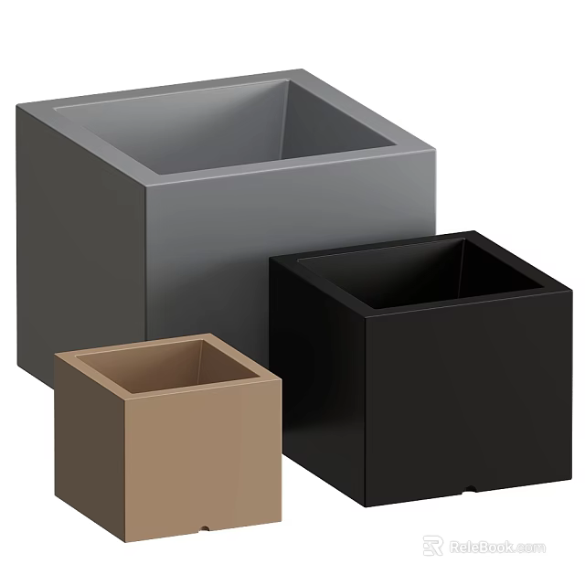 Square Shaped Ceramic Vessels in Gray Black and Brown Minimalist Design 3d model 