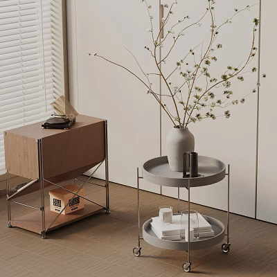 Modern Wooden and Metal Side Tables with Two-Tiered Design Vase and Branches 3d model