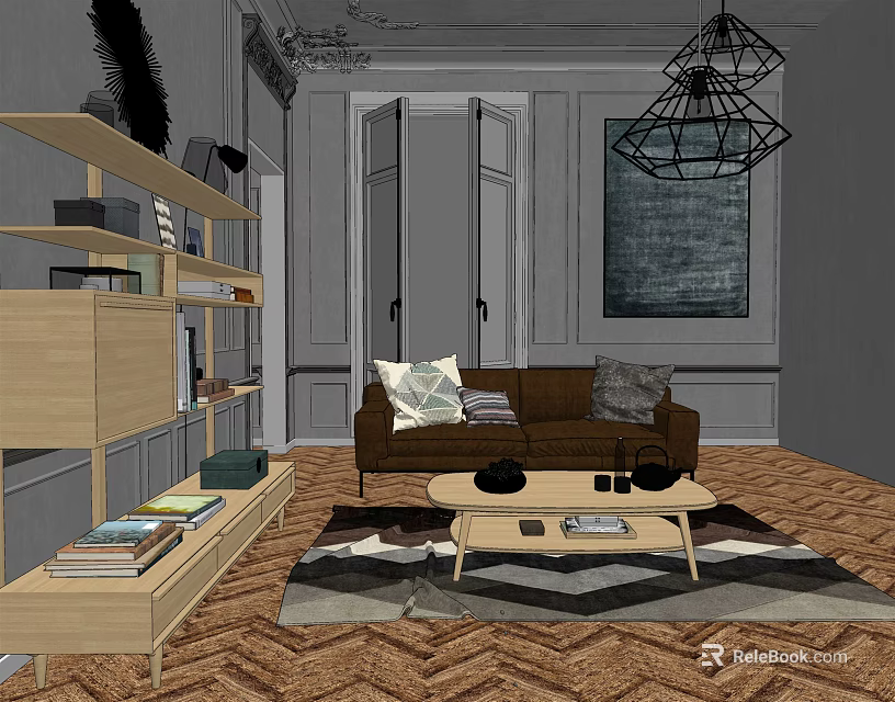 Two Seater Brown Sofa in Living Room with Throw Pillows Wooden Bookshelf and Coffee Table 3d model 