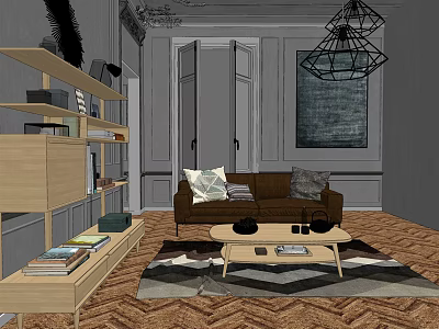 Two Seater Brown Sofa in Living Room with Throw Pillows Wooden Bookshelf and Coffee Table 3d model