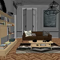 Two Seater Brown Sofa in Living Room with Throw Pillows Wooden Bookshelf and Coffee Table