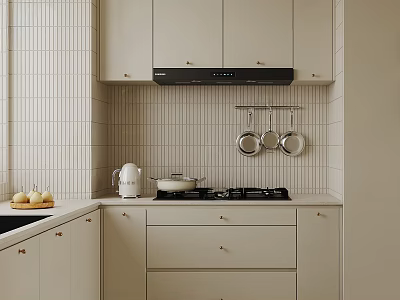 Modern Kitchen Interior With White Cabinets Tiled Backsplash Stove Kettle And Fruits 3d model