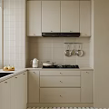 Modern Kitchen Interior With White Cabinets Tiled Backsplash Stove Kettle And Fruits