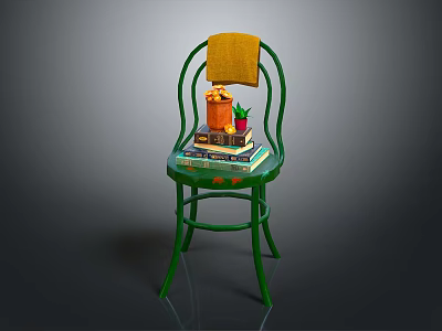 Green Chair With Yellow Towel Stack of Books Basket Oranges And Small Potted Plant 3d model