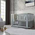 Kids Room Interior Design With Patterned Wallpaper Large Windows Crib Gray Armchair Floor Lamp Dresser