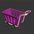 Pink Shopping Cart With Green Wheels White Handle And Reflective Surface