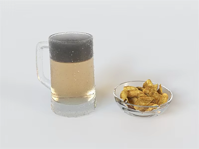 Crispy Golden Potato Chips In Clear Bowl With Cold Bubbly Beer In Transparent Mug 3d model