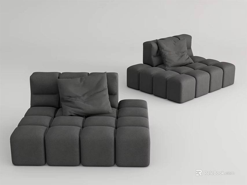 Gray Single Sofa In Modern Style With Modular Cube Design And Cushion 3d model
