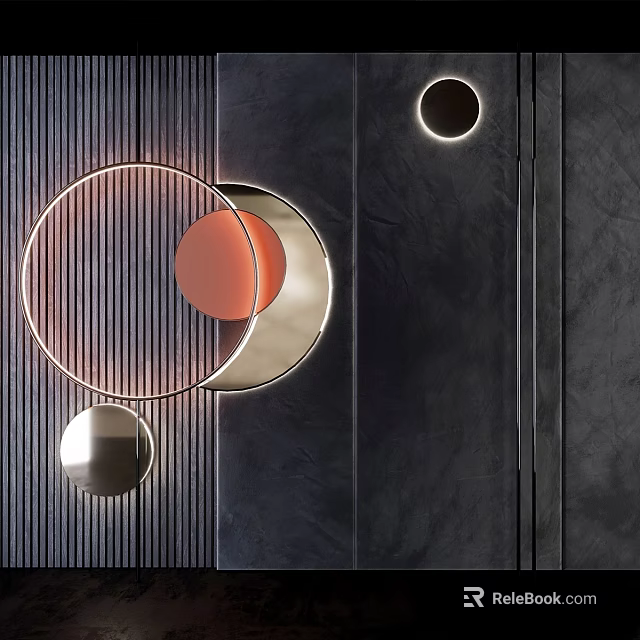 Modern Minimalist Wall Decor With Circular Orange And Silver Elements And Linear Patterns 3d model 