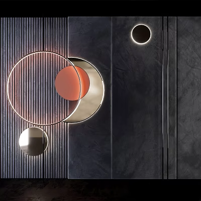 Modern Minimalist Wall Decor With Circular Orange And Silver Elements And Linear Patterns 3d model
