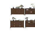 Modern Wooden Entryway Console Table And Side Cabinet With Decorative Plants And Storage Drawers