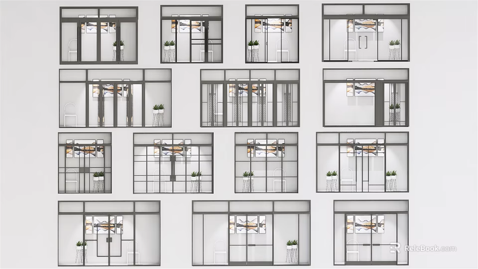 Various Modern Glass Door Designs For Interior With Decorative Plants 3d model