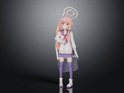 Pink Haired Anime Character In School Uniform With Angelic Halo And Small Creature 3d model