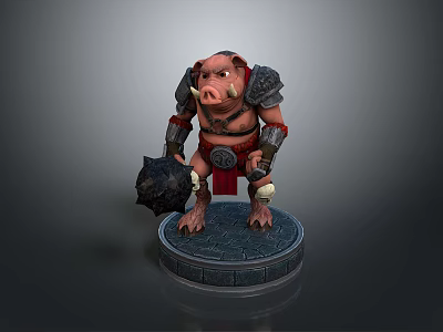 3D Boar Warrior Character In Armor Holding Spiked Hammer On Stone Pedestal 3d model