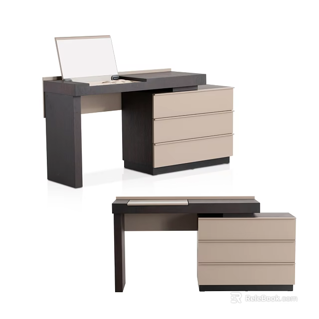 Dark Brown And Beige Modern Dressing Table With Vanity Mirror And Storage Drawers 3d model 