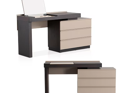Dark Brown And Beige Modern Dressing Table With Vanity Mirror And Storage Drawers 3d model