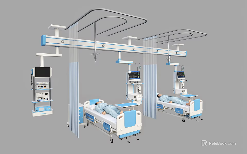 Hospital Ward Setup With Medical Beds Patients Curtains And Monitoring Devices 3d model 