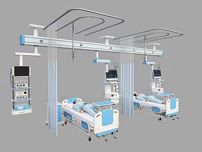 Hospital Ward Setup With Medical Beds Patients Curtains And Monitoring Devices 3d model