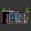 Small Building Featuring Blue Red Walls Black Roof Transparent Section Palm Trees and Green Plants