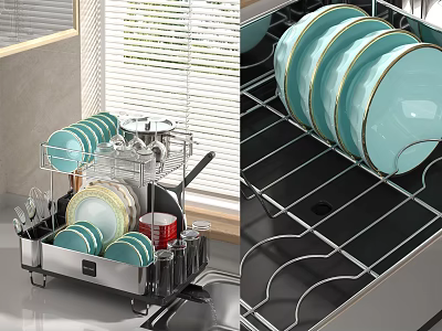 Stainless Steel Dish Rack Holding Tableware Plates And Bowls In Kitchen 3d model