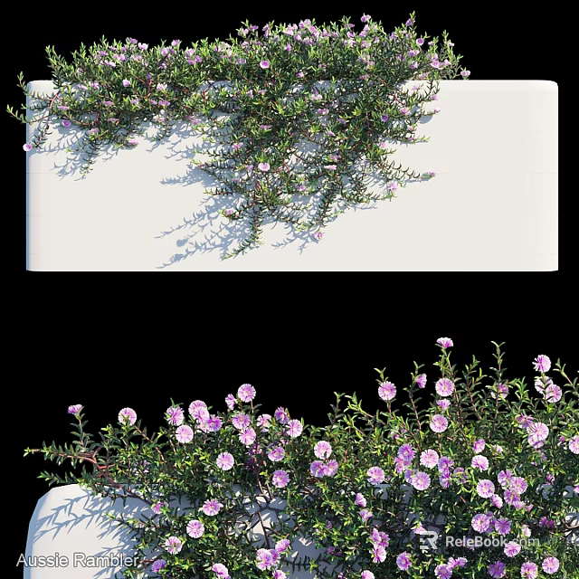 Ornamental Decorative Set Featuring Purple Flowers Green Foliage and White Planter 3d model 