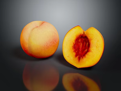 Ripe Juicy Peach With Whole And Halved Fruit Showing Vibrant Red Flesh 3d model