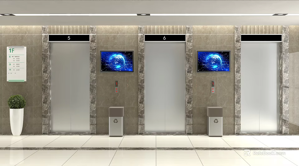 Modern Elevators With Digital Screens And Marble Wall Decoration In Lobby 3d model 