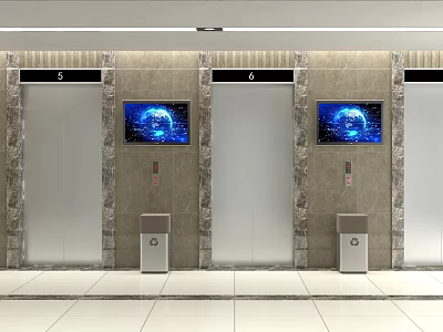 Modern Elevators With Digital Screens And Marble Wall Decoration In Lobby 3d model