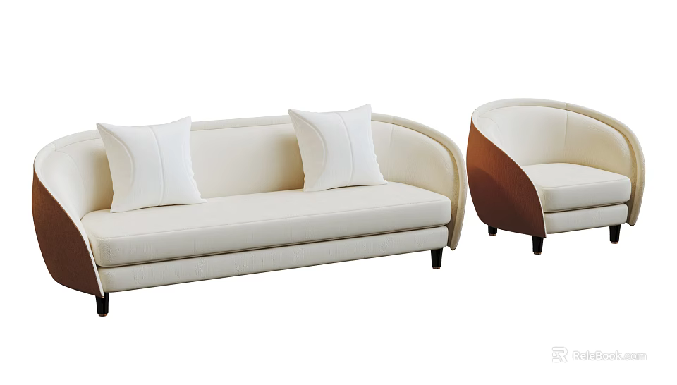 Modern Beige Upholstered Sofa Set With Soft Cushions And Matching Armchair 3d model 