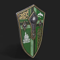 Medieval Green Shield With Golden Decorative Patterns Dragon Emblem Castle Design And Metallic Center
