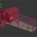 Red Chicken Coop Building With Red Roof And Enclosed Fenced Area With Straw Bedding