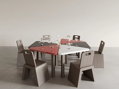 Modern Minimalist Square Dining Table With Red Black Top And Gray Wooden Chairs 3d model