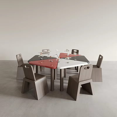 Modern Minimalist Square Dining Table With Red Black Top And Gray Wooden Chairs 3d model