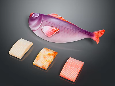 Purple And Pink Fish With Three Colorful Sashimi Slices On Dark Background 3d model